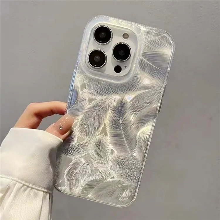 For iPhone 14 Pro Max Case Silver Feather Pattern Laser Process Anti-Drop PC Phone Cover