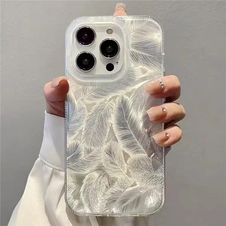 For iPhone 14 Pro Max Case Silver Feather Pattern Laser Process Anti-Drop PC Phone Cover
