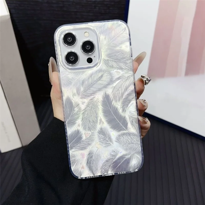 For iPhone 13 Pro Case Silver Feather Pattern Laser Process Shockproof PC Phone Cover
