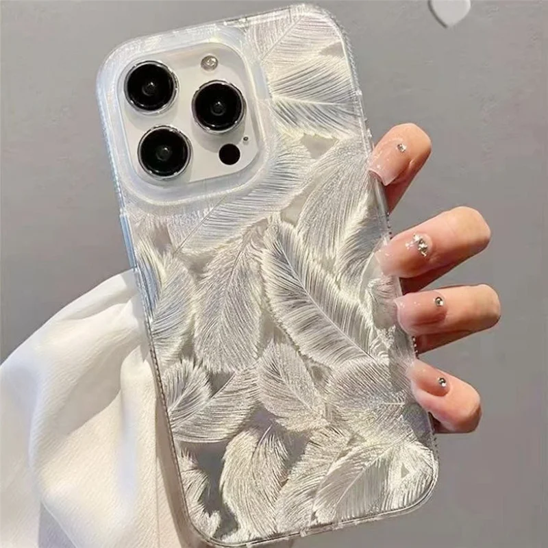 For iPhone 13 Pro Case Silver Feather Pattern Laser Process Shockproof PC Phone Cover