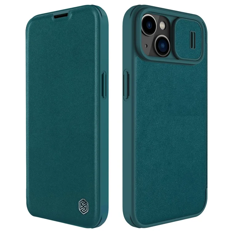 NILLKIN Qin Pro Series for iPhone 14 / iPhone 13 Full Protection Phone Case with Sliding Lens Cover PU Leather Phone Shell Card Holder - Green