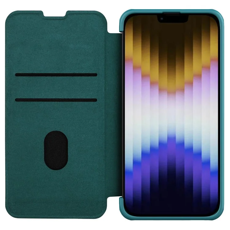 NILLKIN Qin Pro Series for iPhone 14 / iPhone 13 Full Protection Phone Case with Sliding Lens Cover PU Leather Phone Shell Card Holder - Green