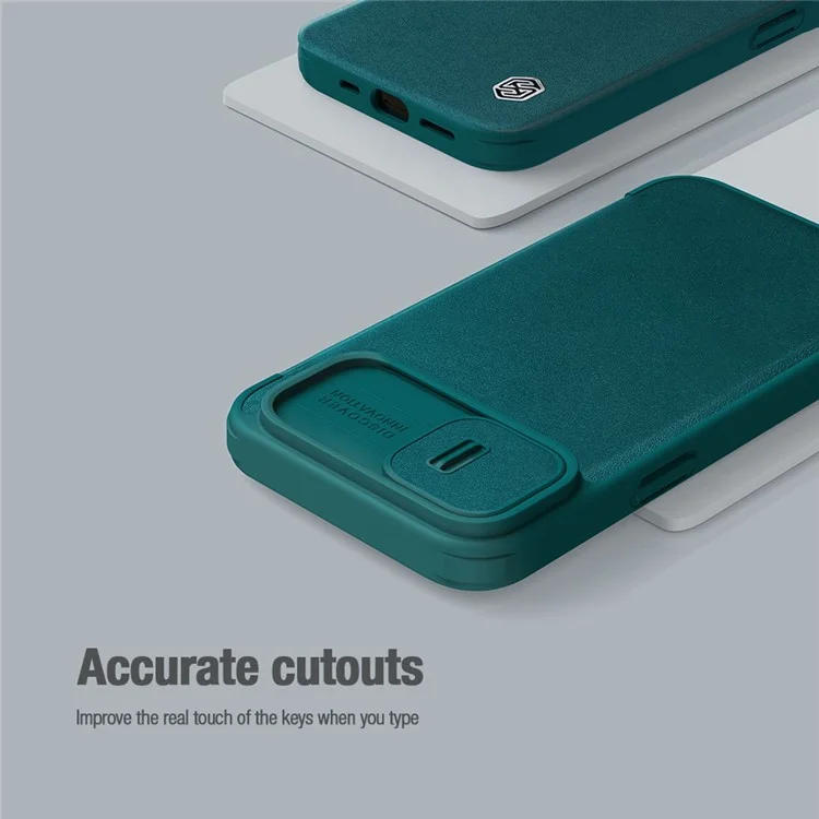 NILLKIN Qin Pro Series for iPhone 14 / iPhone 13 Full Protection Phone Case with Sliding Lens Cover PU Leather Phone Shell Card Holder - Green