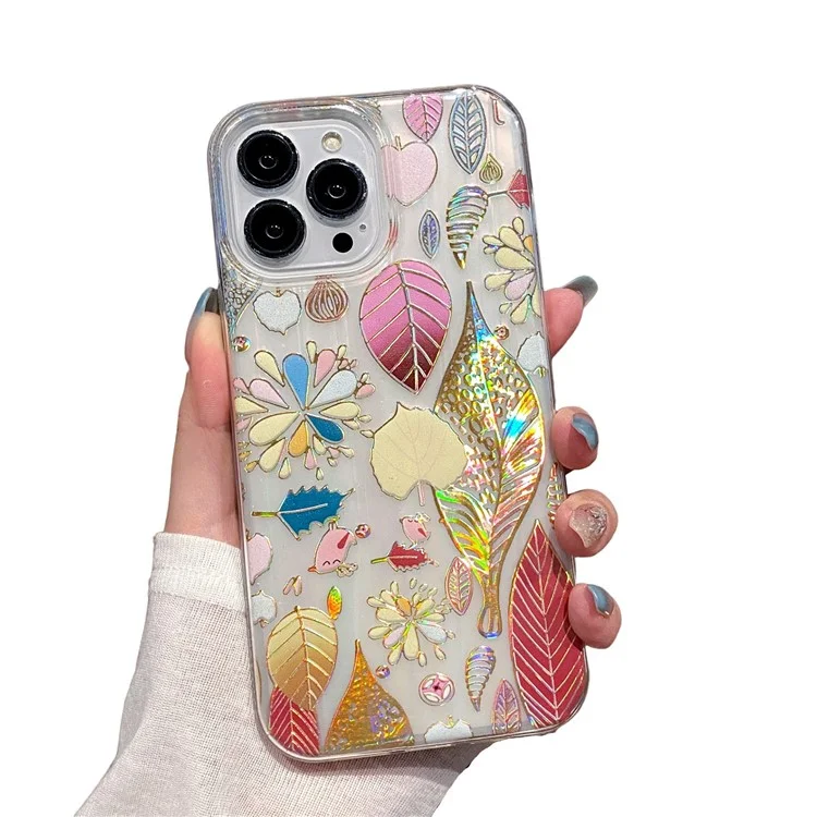 Custodia per iPhone 14 Pro Max Lacquered Flower Leaves Stylish TPU+PC Phone Cover - Gold Leaves