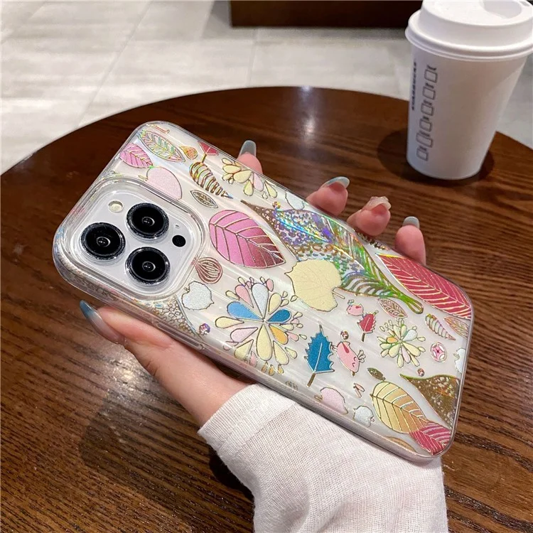 Custodia per iPhone 14 Pro Max Lacquered Flower Leaves Stylish TPU+PC Phone Cover - Gold Leaves