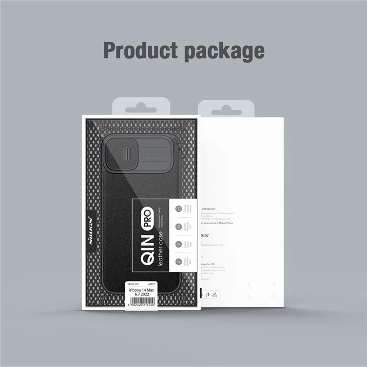 NILLKIN Qin Pro Series for iPhone 14 Plus Cloth Texture Phone Case with Sliding Lens Protection Cover PU Leather Anti-scratch Shell Card Holder - Grey