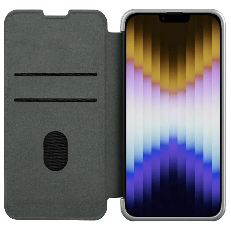 NILLKIN Qin Pro Series for iPhone 14 Plus Cloth Texture Phone Case with Sliding Lens Protection Cover PU Leather Anti-scratch Shell Card Holder - Grey