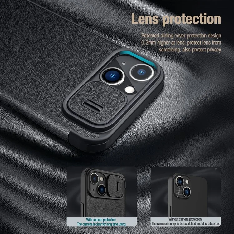 NILLKIN Qin Pro Series for iPhone 14 Plus Cloth Texture Phone Case with Sliding Lens Protection Cover PU Leather Anti-scratch Shell Card Holder - Grey