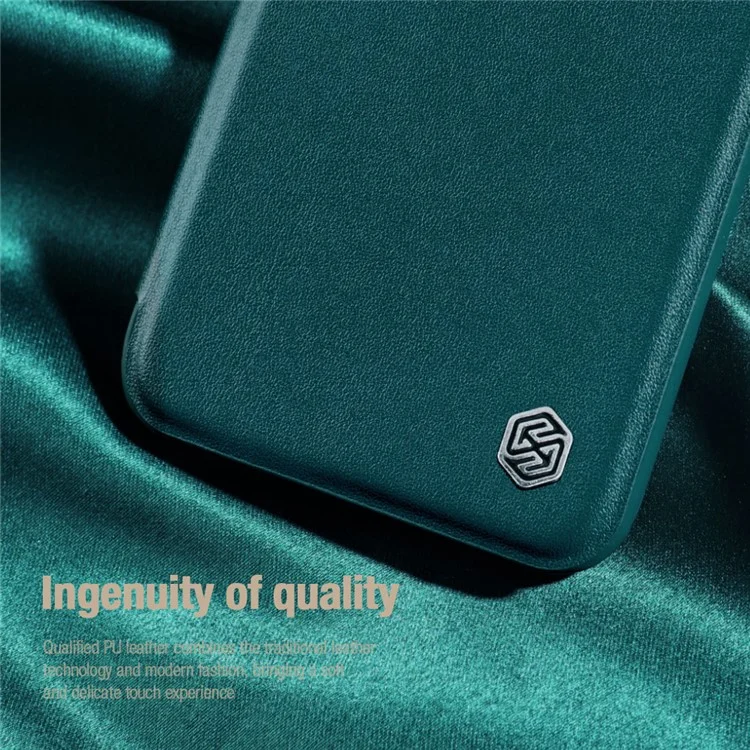 NILLKIN Qin Pro Series for iPhone 14 Plus Cloth Texture Phone Case with Sliding Lens Protection Cover PU Leather Anti-scratch Shell Card Holder - Grey