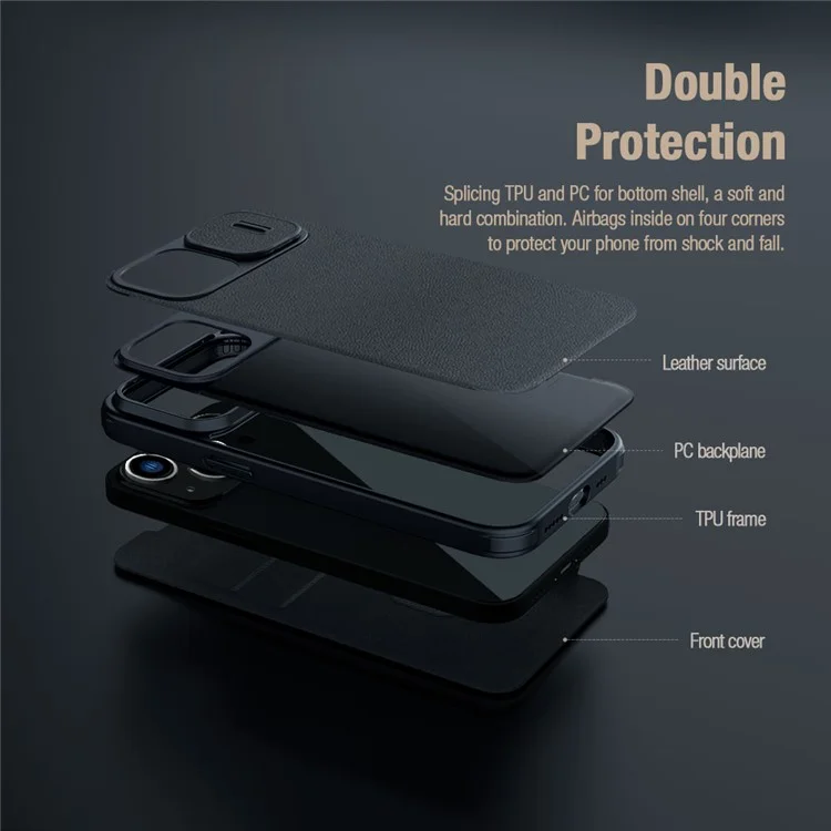 NILLKIN Qin Pro Series for iPhone 14 Plus Cloth Texture Phone Case with Sliding Lens Protection Cover PU Leather Anti-scratch Shell Card Holder - Grey
