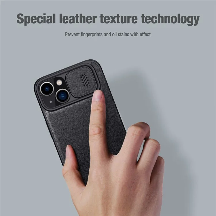 NILLKIN Qin Pro Series for iPhone 14 Plus Cloth Texture Phone Case with Sliding Lens Protection Cover PU Leather Anti-scratch Shell Card Holder - Grey