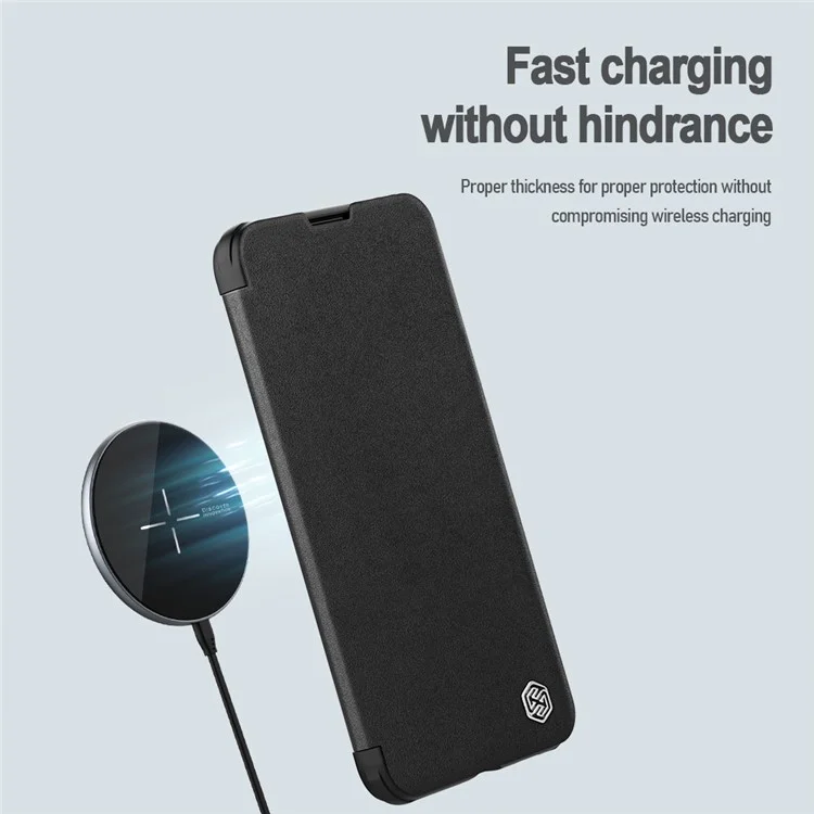 NILLKIN Qin Pro Series for iPhone 14 Plus Cloth Texture Phone Case with Sliding Lens Protection Cover PU Leather Anti-scratch Shell Card Holder - Grey