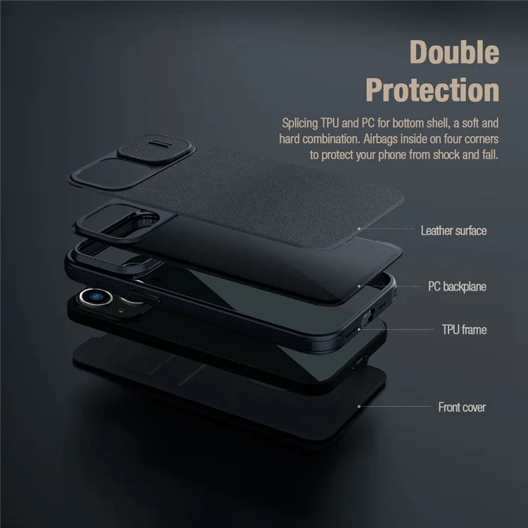 NILLKIN Qin Pro Series para iPhone 14 Plus Capa de Telefone com Textura de Tecido com Capa de Proteção da Lente Deslizante Couro PU Carcaça Anti-Arranhões Suporte para Cartão - Verde