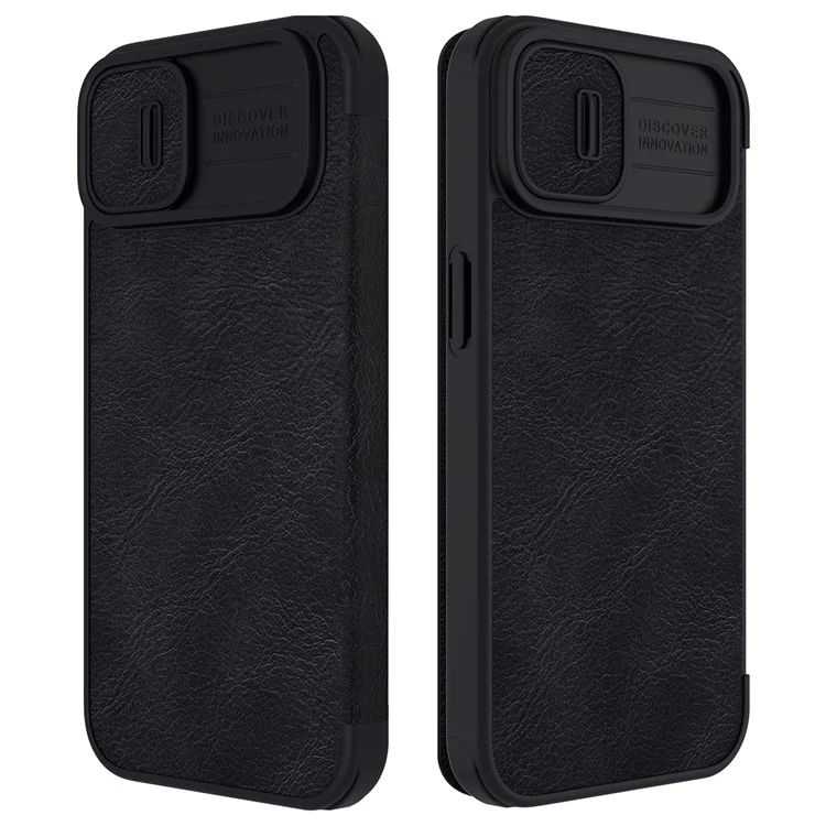 NILLKIN Qin Pro Series for iPhone 14 Plus Ultra Slim Dirt-proof Phone Case with Sliding Lens Protection Cover and Card Slots Anti-fall Phone Flip Shell - Black