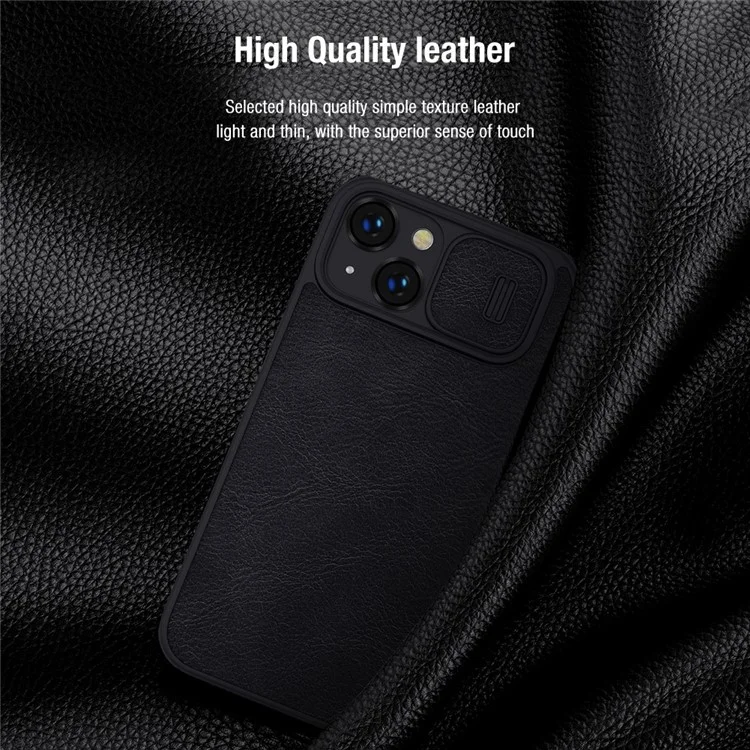 NILLKIN Qin Pro Series for iPhone 14 Plus Ultra Slim Dirt-proof Phone Case with Sliding Lens Protection Cover and Card Slots Anti-fall Phone Flip Shell - Black