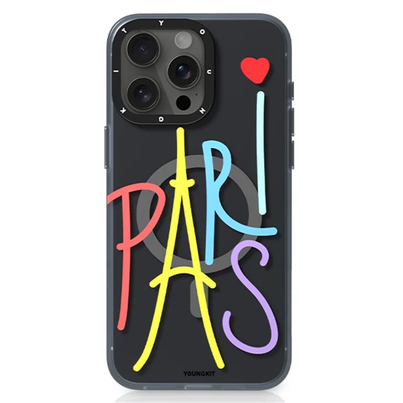 YOUNGKIT Paris-serie till iPhone 15 Pro-hölse IMD-mönster PC+TPU mobilhölse kompatibel med MagSafe
