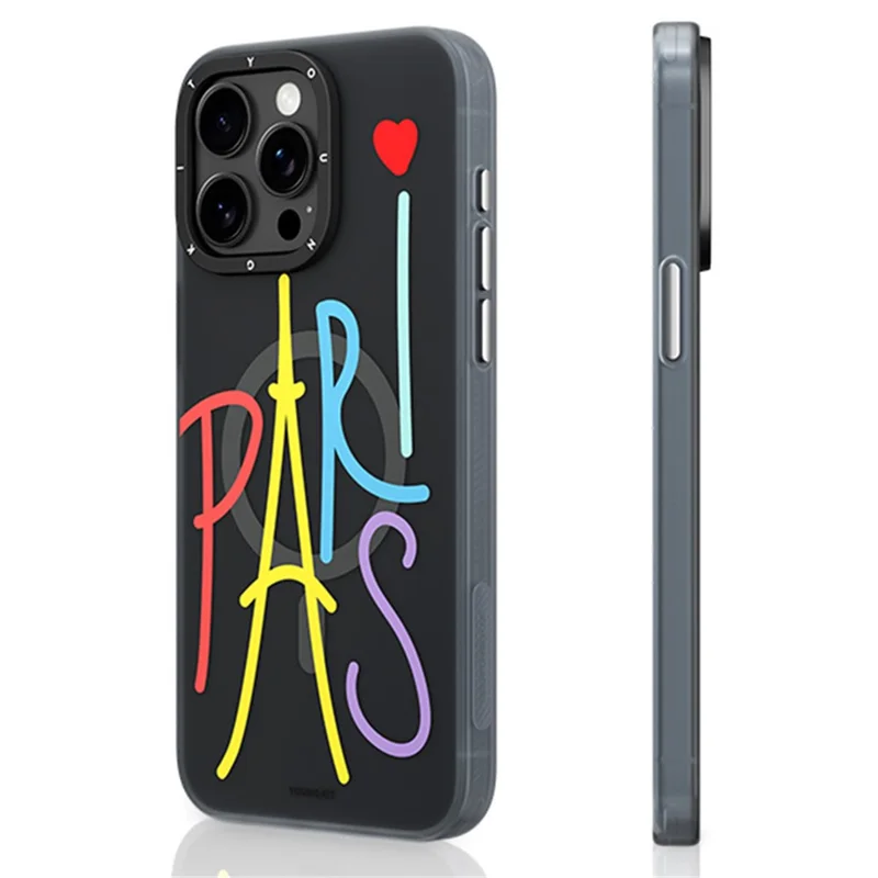 YOUNGKIT Paris-serie till iPhone 15 Pro-hölse IMD-mönster PC+TPU mobilhölse kompatibel med MagSafe