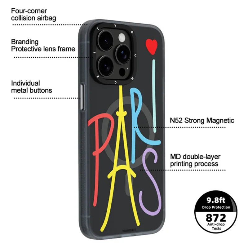 YOUNGKIT Paris-serie till iPhone 15 Pro-hölse IMD-mönster PC+TPU mobilhölse kompatibel med MagSafe