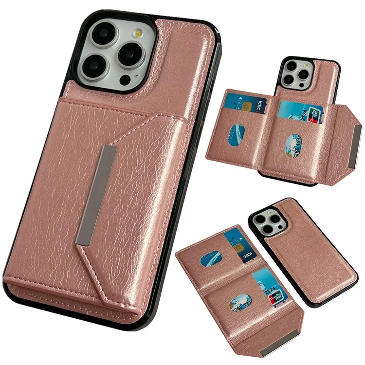 Capa de Couro+TPU para iPhone 14 Pro com Bolsa para Cartão Destacável 2-em-1 - Ouro Rosa