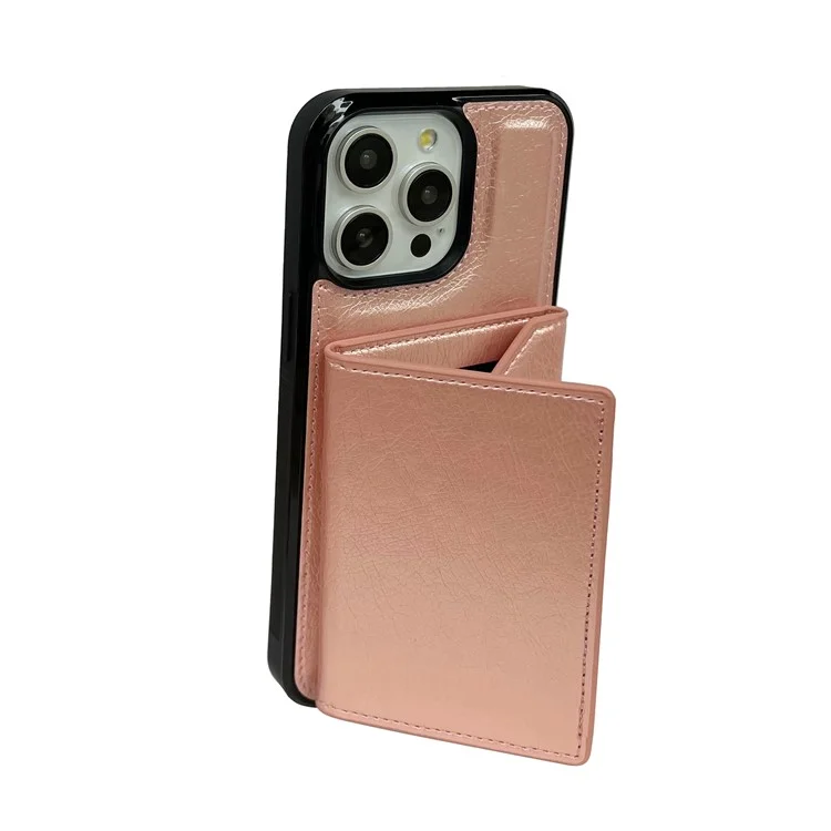 Capa de Couro+TPU para iPhone 14 Pro com Bolsa para Cartão Destacável 2-em-1 - Ouro Rosa