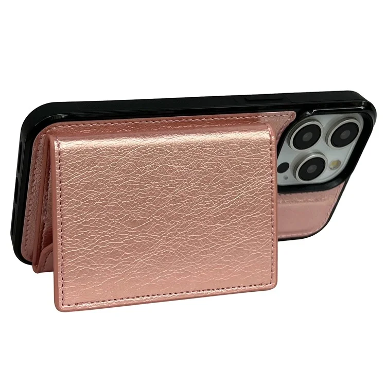 Capa de Couro+TPU para iPhone 14 Pro com Bolsa para Cartão Destacável 2-em-1 - Ouro Rosa