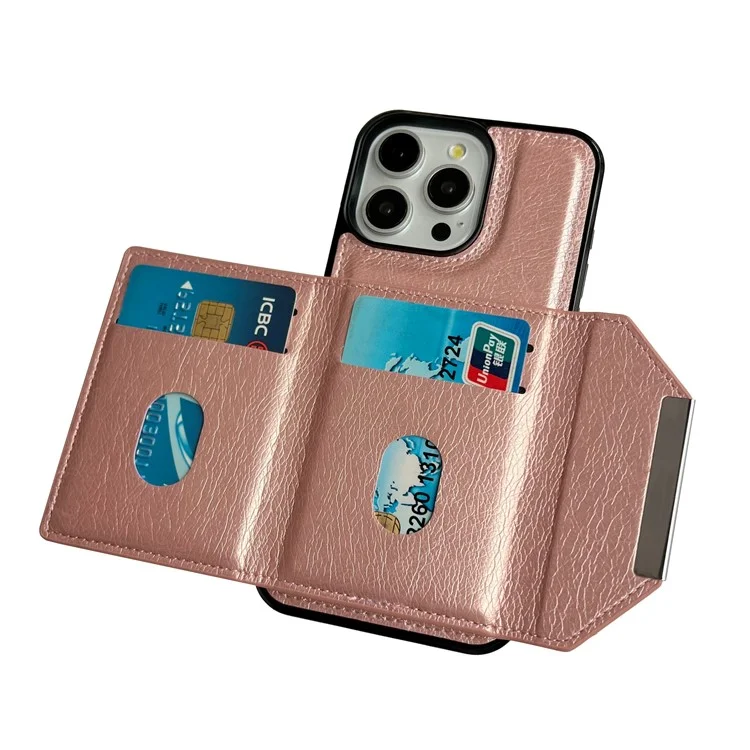 Capa de Couro+TPU para iPhone 14 Pro com Bolsa para Cartão Destacável 2-em-1 - Ouro Rosa