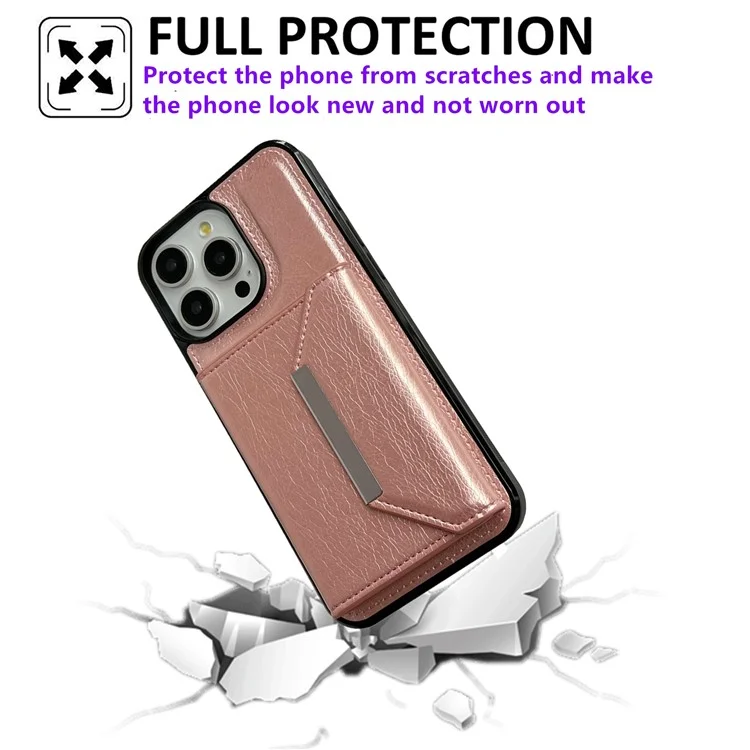 Capa de Couro+TPU para iPhone 14 Pro com Bolsa para Cartão Destacável 2-em-1 - Ouro Rosa