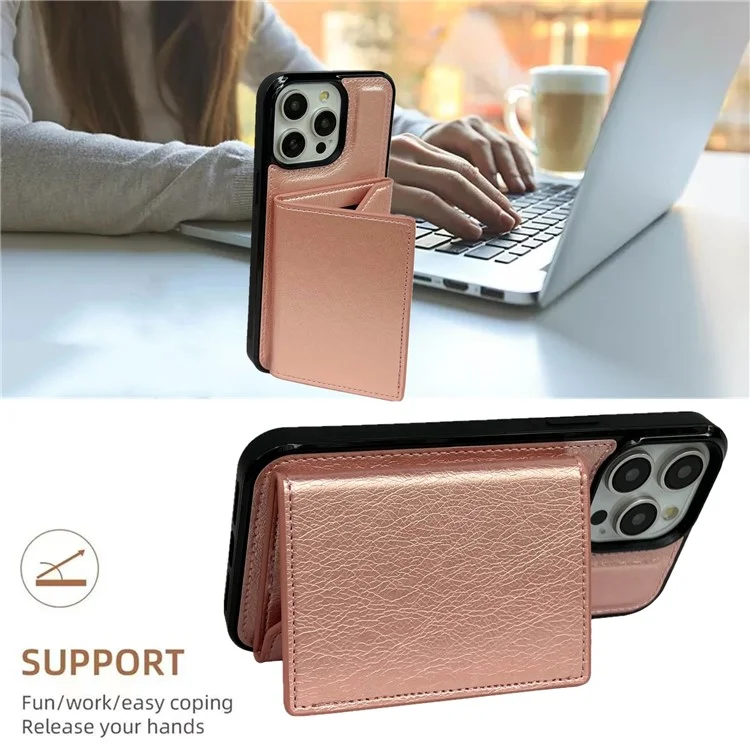 Capa de Couro+TPU para iPhone 14 Pro com Bolsa para Cartão Destacável 2-em-1 - Ouro Rosa