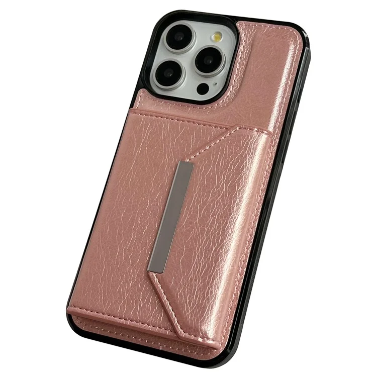 Capa de Couro+TPU para iPhone 14 Pro com Bolsa para Cartão Destacável 2-em-1 - Ouro Rosa