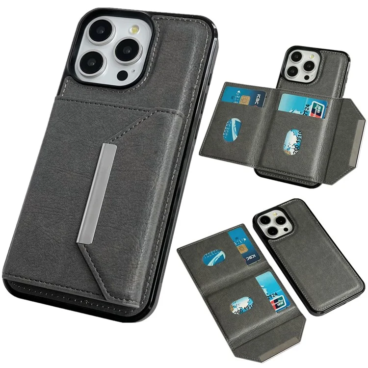 Für iPhone 14 Pro Max Kickstand Case PU+TPU Handyhülle - Detachable Card Bag - Grau