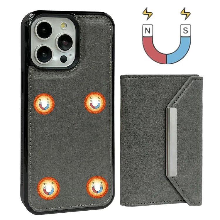 Für iPhone 14 Pro Max Kickstand Case PU+TPU Handyhülle - Detachable Card Bag - Grau