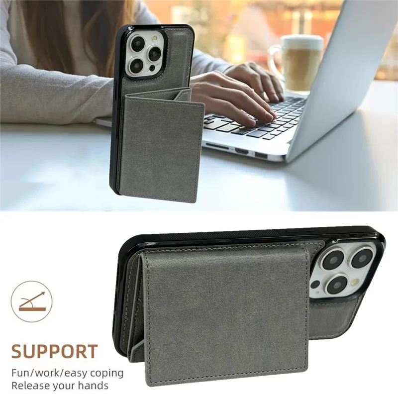 Für iPhone 14 Pro Max Kickstand Case PU+TPU Handyhülle - Detachable Card Bag - Grau