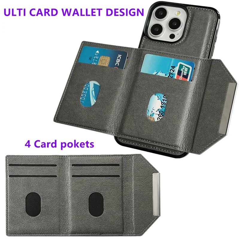 Für iPhone 14 Pro Max Kickstand Case PU+TPU Handyhülle - Detachable Card Bag - Grau