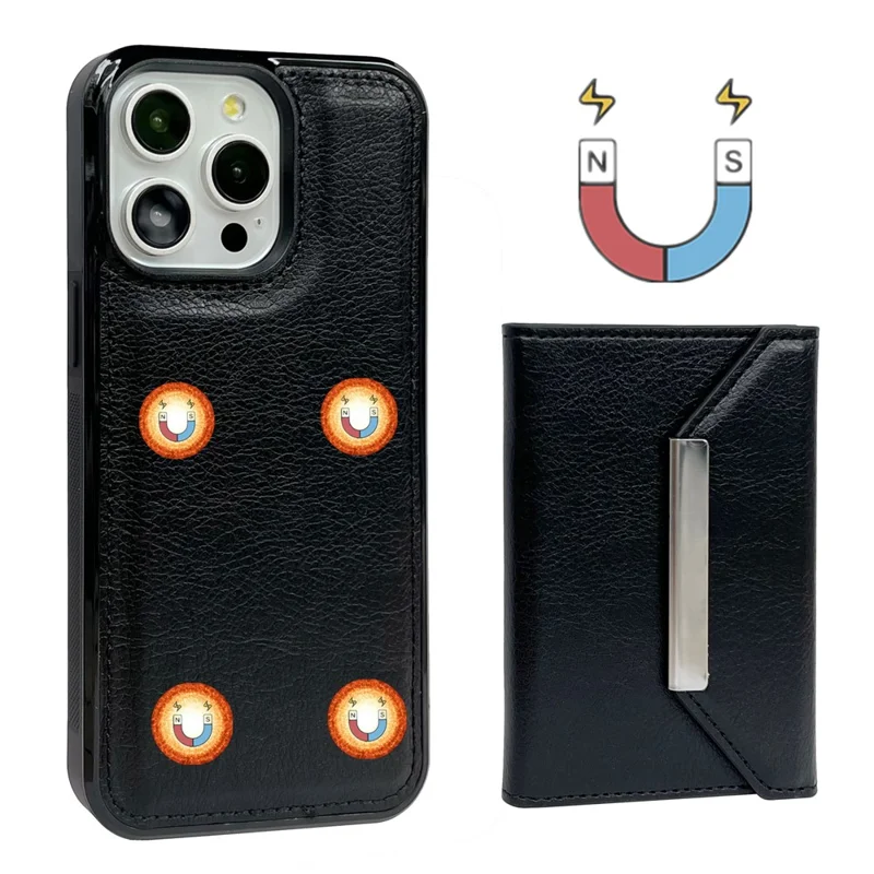 For iPhone 15 Pro Case Leather+TPU Phone Cover Card Holder Kickstand - Black