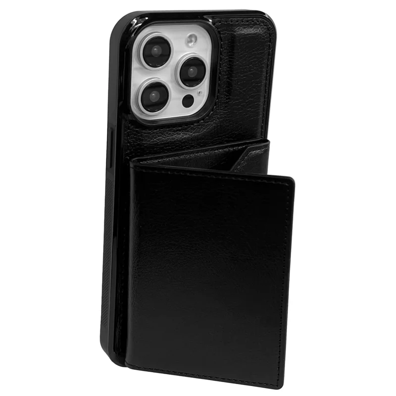 For iPhone 15 Pro Case Leather+TPU Phone Cover Card Holder Kickstand - Black