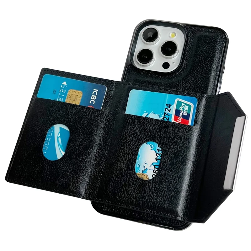 For iPhone 15 Pro Case Leather+TPU Phone Cover Card Holder Kickstand - Black