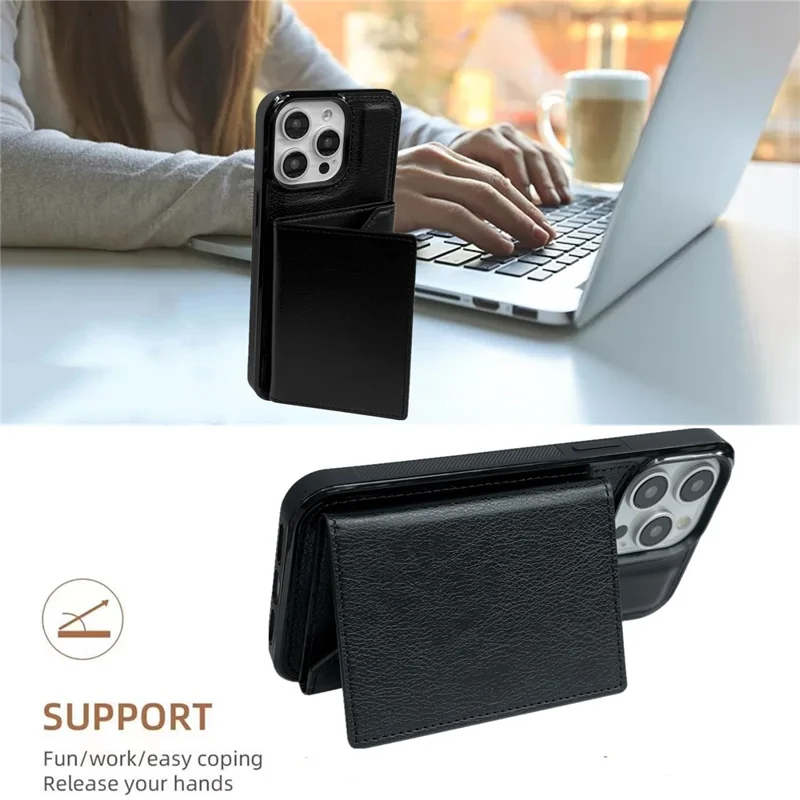 For iPhone 15 Pro Case Leather+TPU Phone Cover Card Holder Kickstand - Black