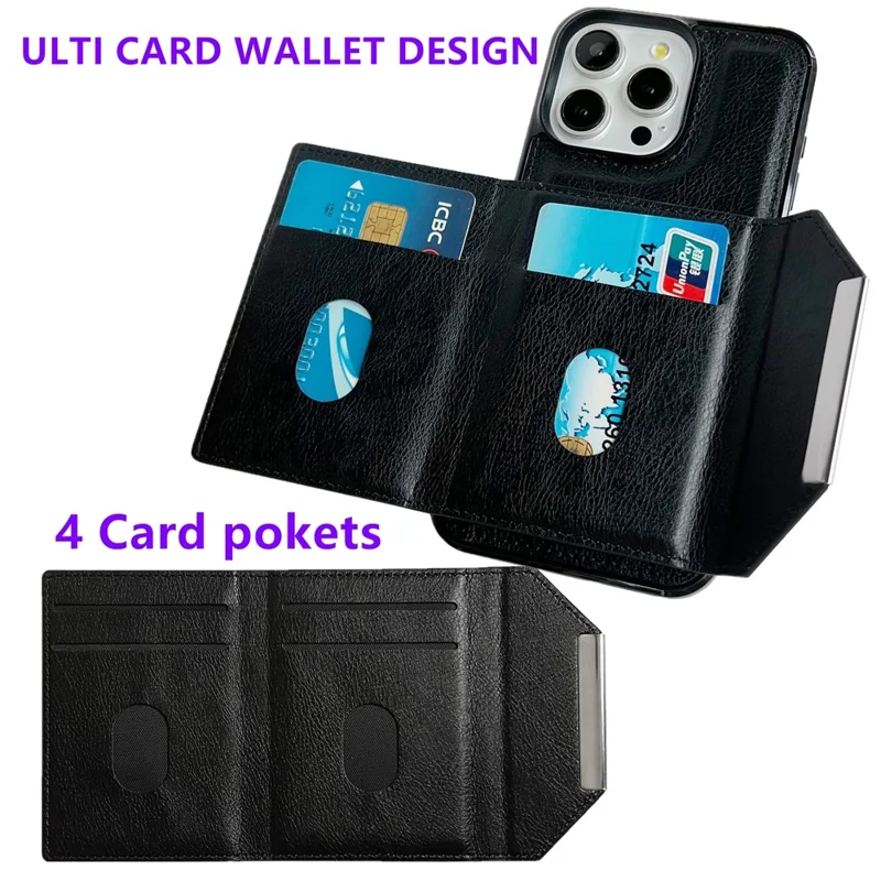 For iPhone 15 Pro Case Leather+TPU Phone Cover Card Holder Kickstand - Black