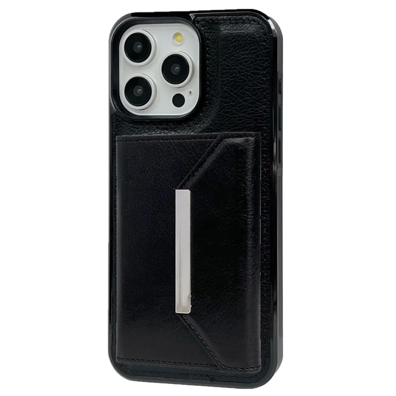 For iPhone 15 Pro Case Leather+TPU Phone Cover Card Holder Kickstand - Black