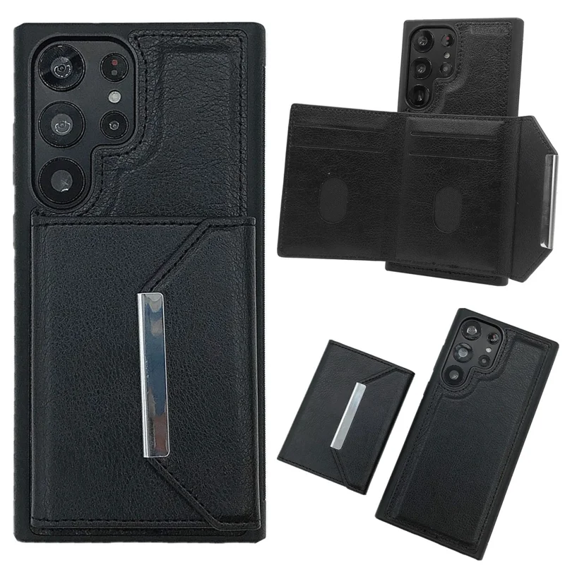 Per Samsung Galaxy S22 Ultra 5G Kickstand Case PU+TPU Phone Cover con Tasca per Carte - Nero