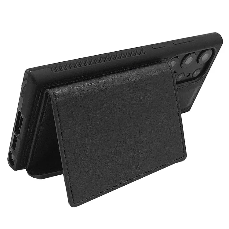 Per Samsung Galaxy S22 Ultra 5G Kickstand Case PU+TPU Phone Cover con Tasca per Carte - Nero