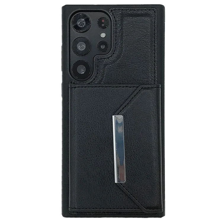 Per Samsung Galaxy S22 Ultra 5G Kickstand Case PU+TPU Phone Cover con Tasca per Carte - Nero