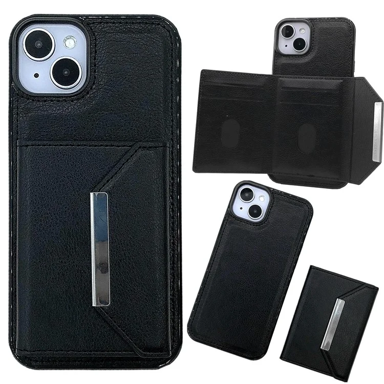 For iPhone 14 Case Leather+TPU Phone Cover with Card Holder 2-in-1 Detachable - Black