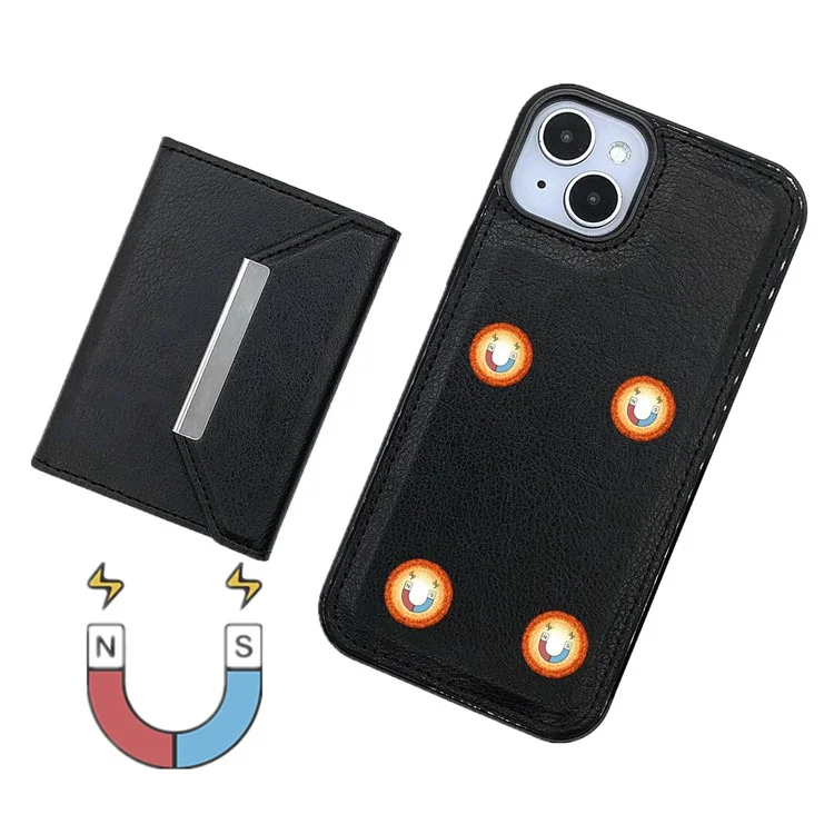 For iPhone 14 Case Leather+TPU Phone Cover with Card Holder 2-in-1 Detachable - Black
