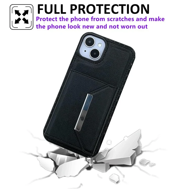 For iPhone 14 Case Leather+TPU Phone Cover with Card Holder 2-in-1 Detachable - Black
