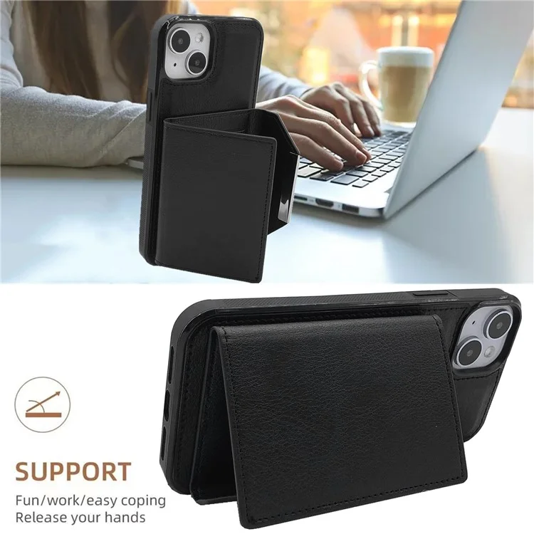 For iPhone 14 Case Leather+TPU Phone Cover with Card Holder 2-in-1 Detachable - Black