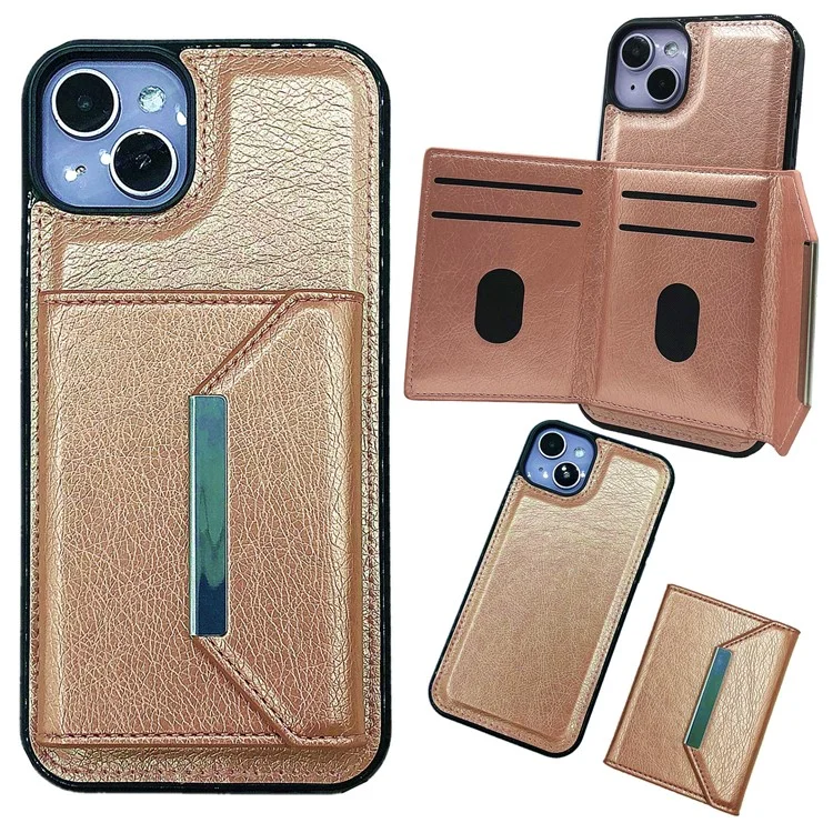 For iPhone 15 Case Leather Phone Back Cover Detachable Card Holder Kickstand - Rose Gold