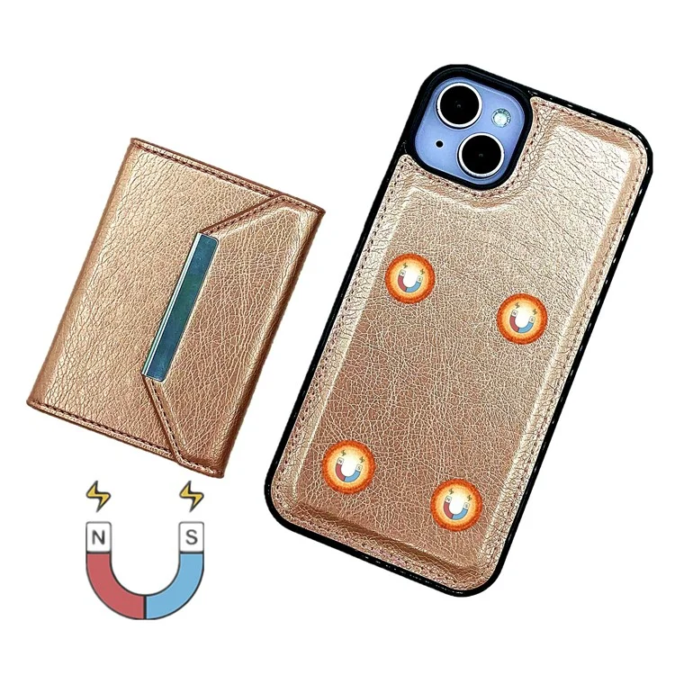 For iPhone 15 Case Leather Phone Back Cover Detachable Card Holder Kickstand - Rose Gold