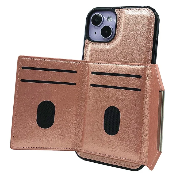 For iPhone 15 Case Leather Phone Back Cover Detachable Card Holder Kickstand - Rose Gold