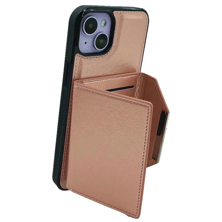 For iPhone 15 Case Leather Phone Back Cover Detachable Card Holder Kickstand - Rose Gold